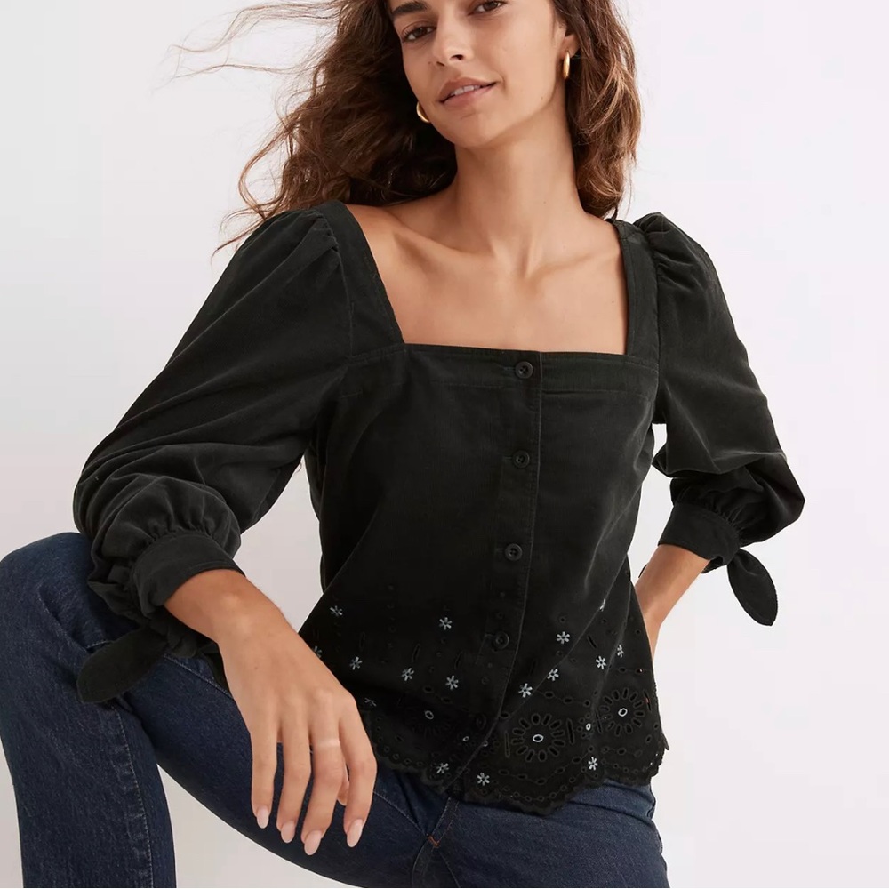 Madewell embroidered eyelet corduroy tie-sleeve top